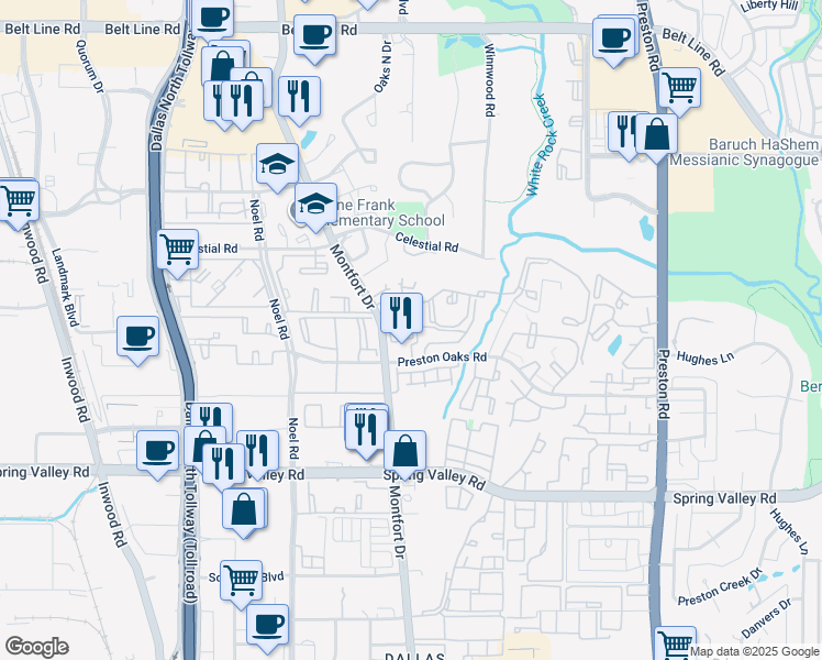 map of restaurants, bars, coffee shops, grocery stores, and more near 14332 Montfort Drive in Dallas