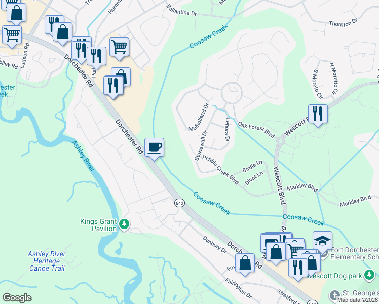 map of restaurants, bars, coffee shops, grocery stores, and more near 9689 Pebble Creek Boulevard in Summerville
