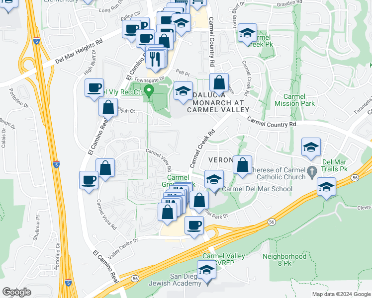 map of restaurants, bars, coffee shops, grocery stores, and more near 12560 Carmel Creek Road in San Diego