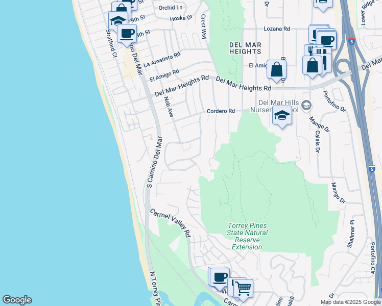 map of restaurants, bars, coffee shops, grocery stores, and more near 404 Pine Needles Drive in Del Mar