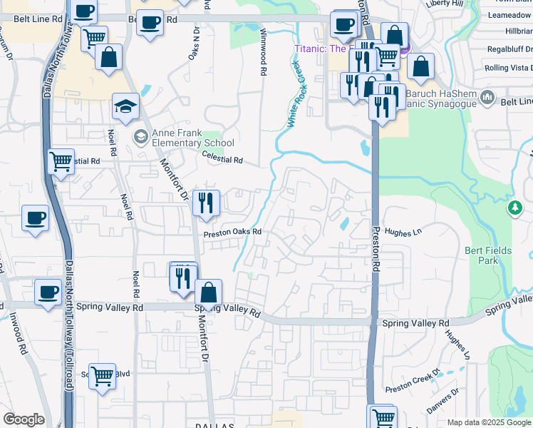 map of restaurants, bars, coffee shops, grocery stores, and more near 5619 Preston Oaks Road in Dallas