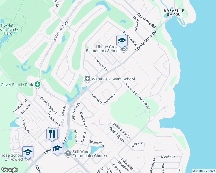 map of restaurants, bars, coffee shops, grocery stores, and more near 9618 Garrett Drive in Rowlett