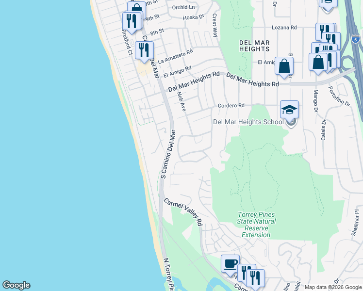 map of restaurants, bars, coffee shops, grocery stores, and more near 271 Ocean View Avenue in Del Mar