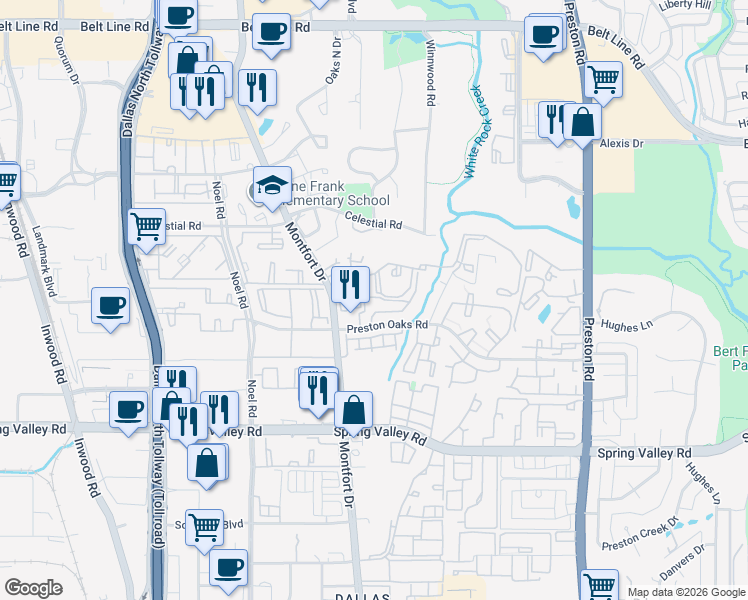 map of restaurants, bars, coffee shops, grocery stores, and more near 5565 Preston Oaks Road in Dallas