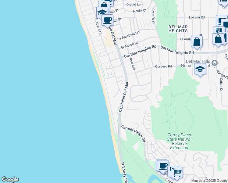 map of restaurants, bars, coffee shops, grocery stores, and more near 110 Stratford Court in Del Mar