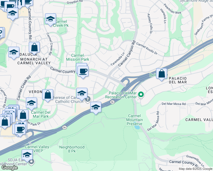 map of restaurants, bars, coffee shops, grocery stores, and more near 12454 Cavallo Street in San Diego