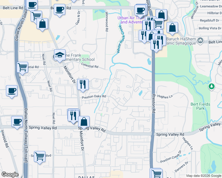map of restaurants, bars, coffee shops, grocery stores, and more near 5619 Preston Oaks Road in Dallas
