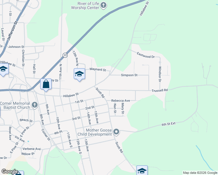 map of restaurants, bars, coffee shops, grocery stores, and more near 1572 Hillabee Street in Alexander City