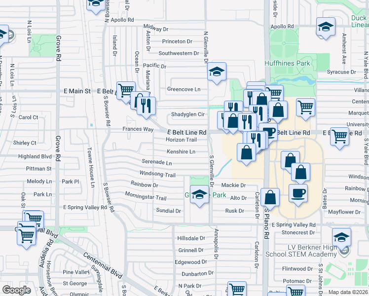 map of restaurants, bars, coffee shops, grocery stores, and more near 1206 Horizon Trail in Richardson