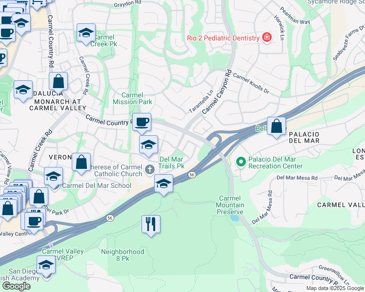 map of restaurants, bars, coffee shops, grocery stores, and more near 12454 Cavallo Street in San Diego