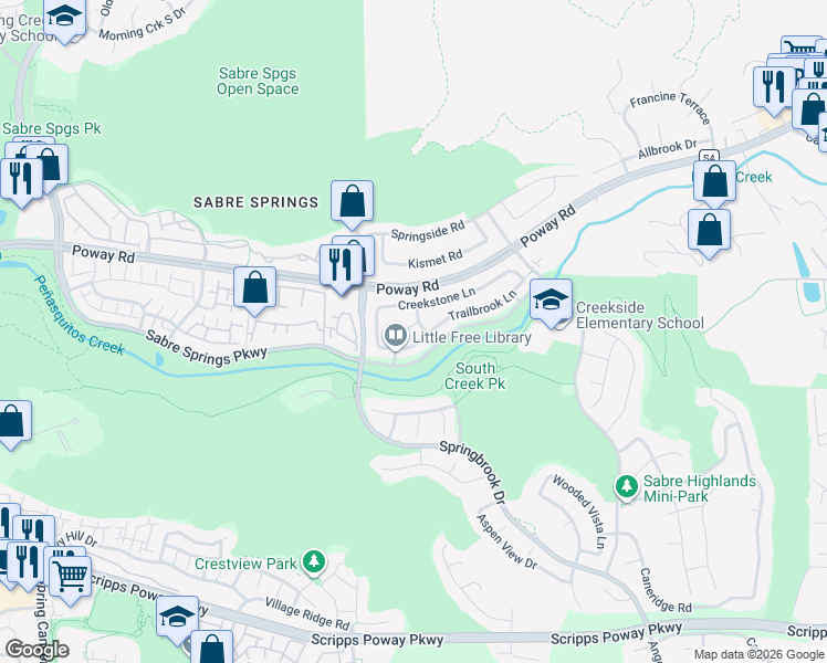 map of restaurants, bars, coffee shops, grocery stores, and more near 11434 Southbrook Court in San Diego