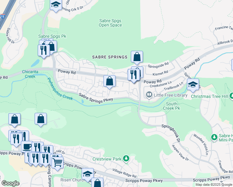 map of restaurants, bars, coffee shops, grocery stores, and more near 12505 Heatherton Court in San Diego