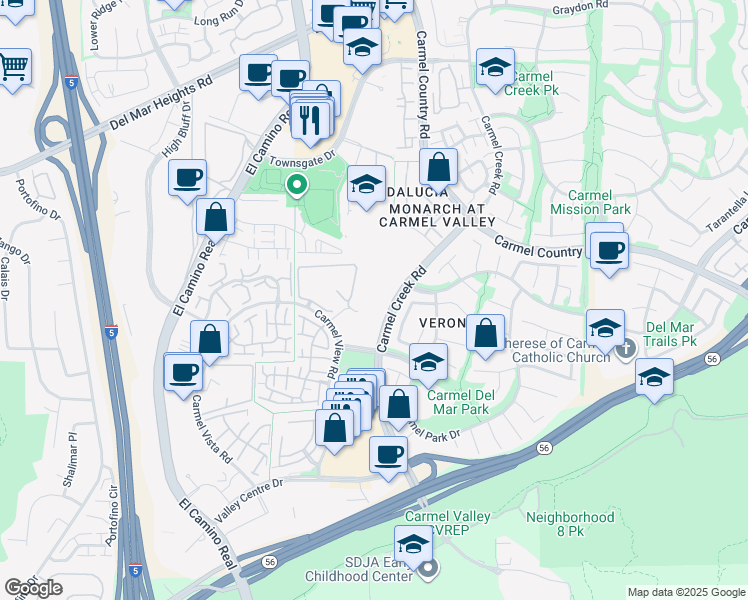map of restaurants, bars, coffee shops, grocery stores, and more near 12560 Carmel Creek Road in San Diego
