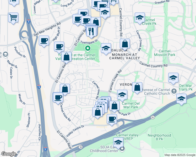 map of restaurants, bars, coffee shops, grocery stores, and more near 4019 Carmel View Road in San Diego