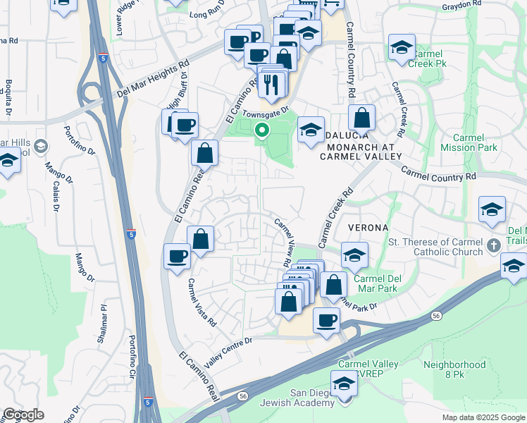 map of restaurants, bars, coffee shops, grocery stores, and more near 4075 Carmel View Road in San Diego