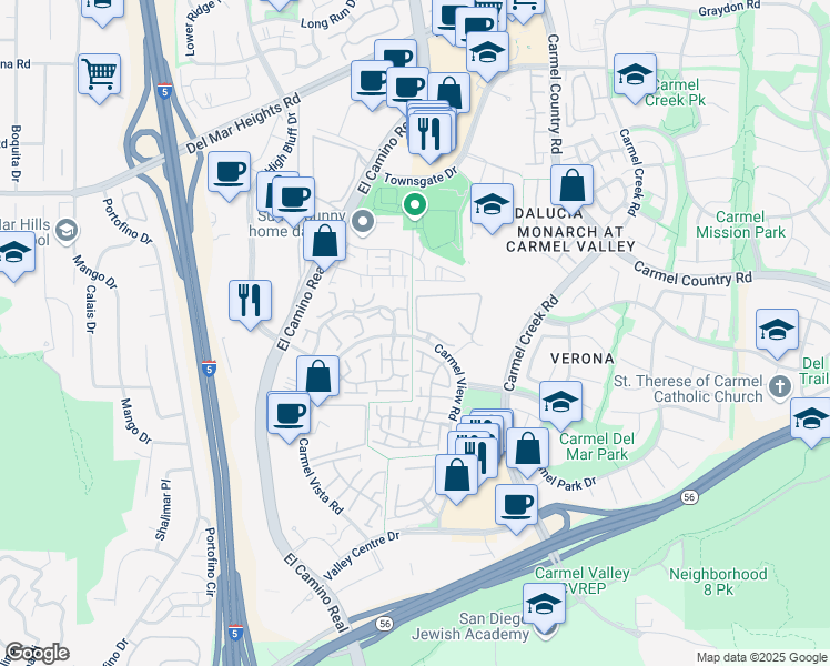 map of restaurants, bars, coffee shops, grocery stores, and more near 4075 Carmel View Road in San Diego