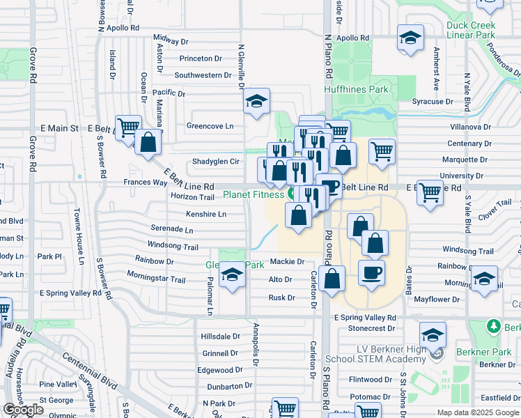 map of restaurants, bars, coffee shops, grocery stores, and more near 1220 East Belt Line Road in Richardson