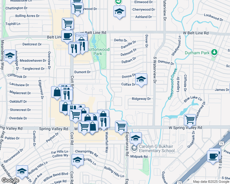 map of restaurants, bars, coffee shops, grocery stores, and more near 821 Dublin Drive in Richardson