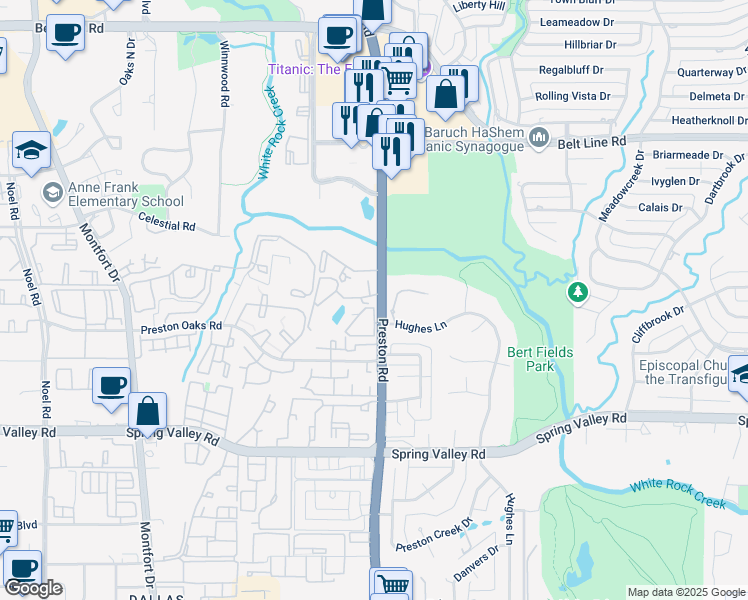 map of restaurants, bars, coffee shops, grocery stores, and more near 14333 Preston Road in Dallas