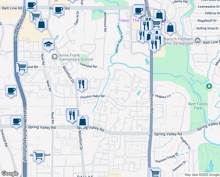 map of restaurants, bars, coffee shops, grocery stores, and more near 5619 Cedar Canyon Road in Dallas