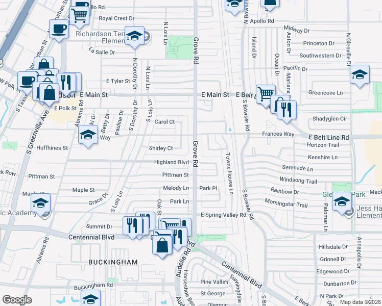 map of restaurants, bars, coffee shops, grocery stores, and more near 308 South Grove Road in Richardson