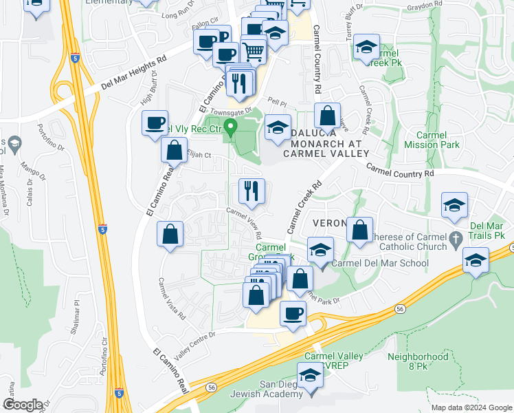 map of restaurants, bars, coffee shops, grocery stores, and more near 4019 Carmel View Road in San Diego