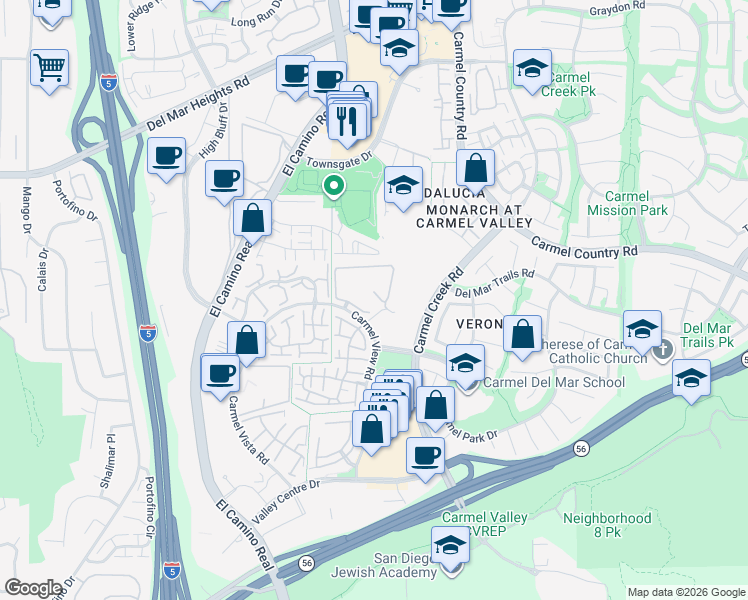 map of restaurants, bars, coffee shops, grocery stores, and more near 4029 Carmel View Road in San Diego
