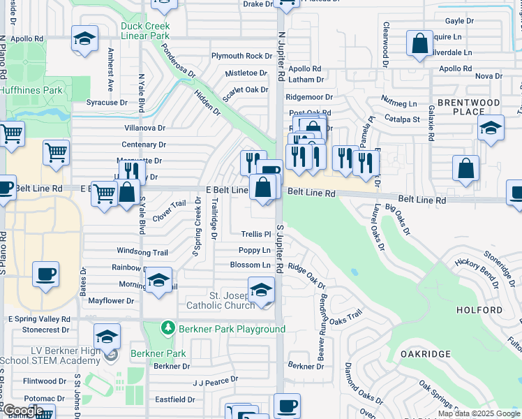 map of restaurants, bars, coffee shops, grocery stores, and more near 2120 East Belt Line Road in Richardson