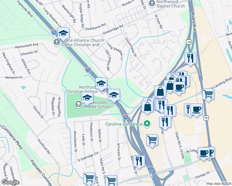 map of restaurants, bars, coffee shops, grocery stores, and more near 7914 New Ryder Road in North Charleston