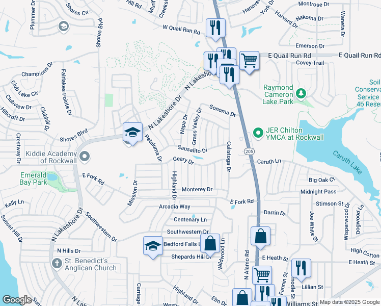 map of restaurants, bars, coffee shops, grocery stores, and more near 473 Sausalito Drive in Rockwall
