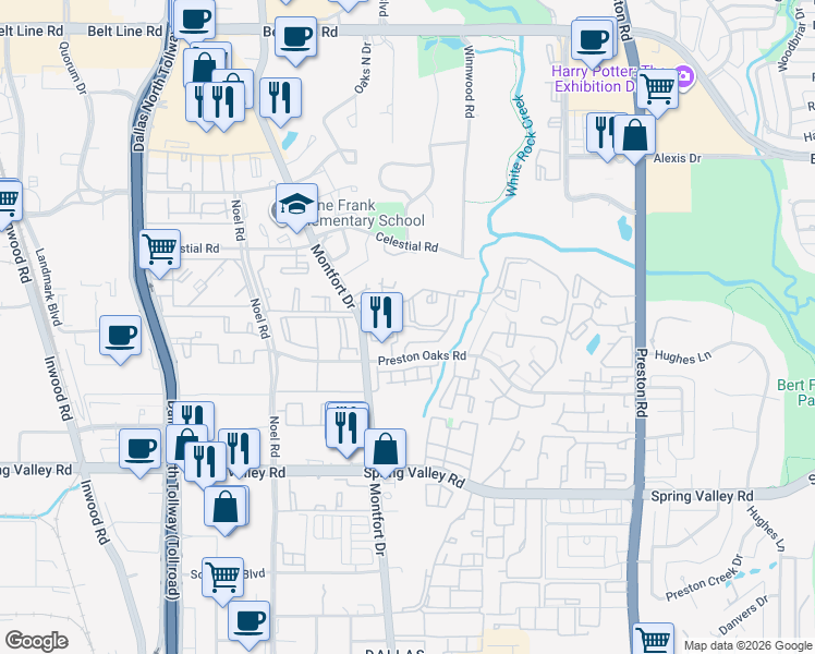map of restaurants, bars, coffee shops, grocery stores, and more near 14400 Montfort Drive in Dallas