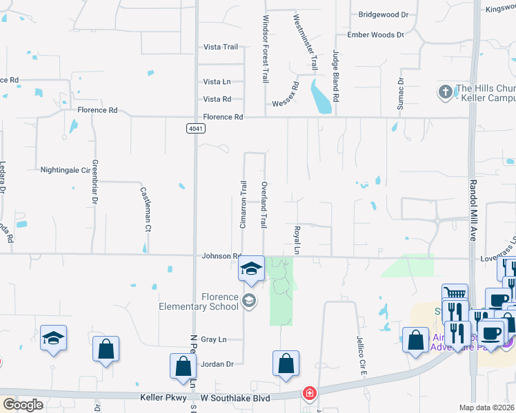 map of restaurants, bars, coffee shops, grocery stores, and more near 700 Overland Trail in Southlake