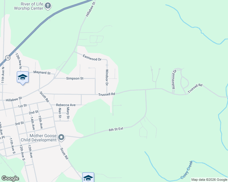 map of restaurants, bars, coffee shops, grocery stores, and more near 2087 Trussell Road in Alexander City
