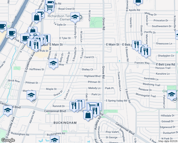 map of restaurants, bars, coffee shops, grocery stores, and more near 528 Shirley Court in Richardson