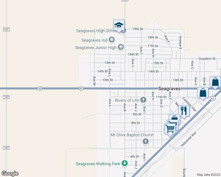 map of restaurants, bars, coffee shops, grocery stores, and more near 1127 12th Street in Seagraves