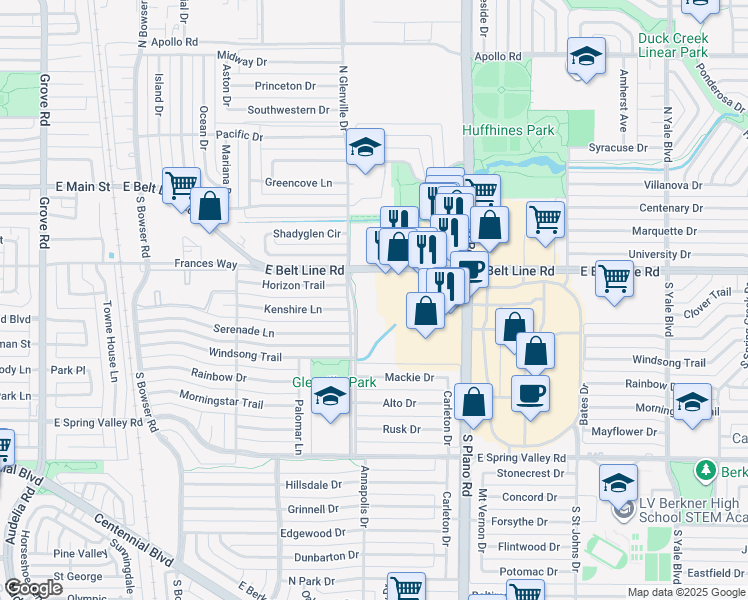 map of restaurants, bars, coffee shops, grocery stores, and more near 201 South Glenville Drive in Richardson