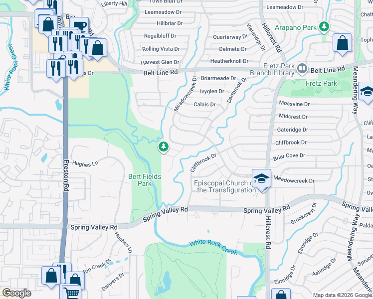 map of restaurants, bars, coffee shops, grocery stores, and more near 6538 Valleybrook Drive in Dallas