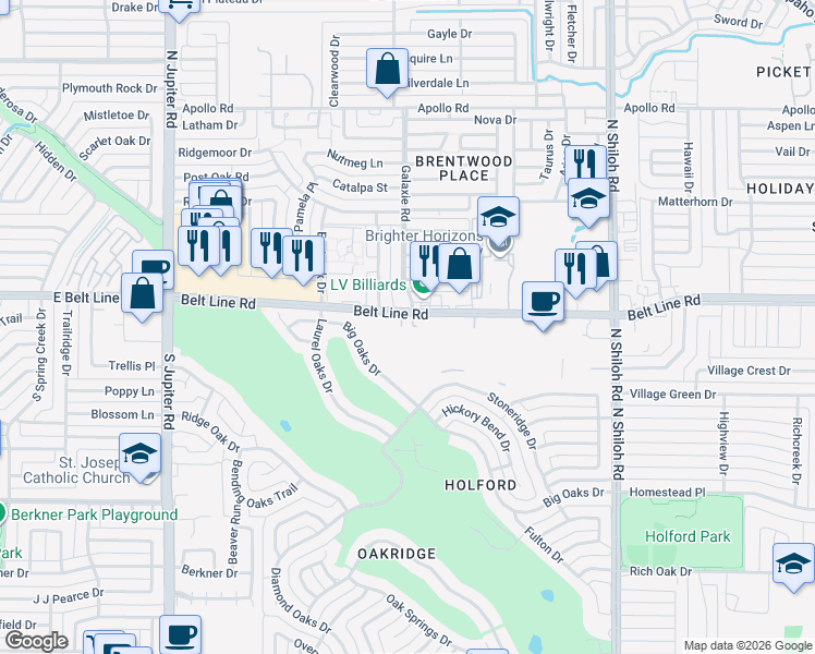 map of restaurants, bars, coffee shops, grocery stores, and more near 3002 Belt Line Road in Garland