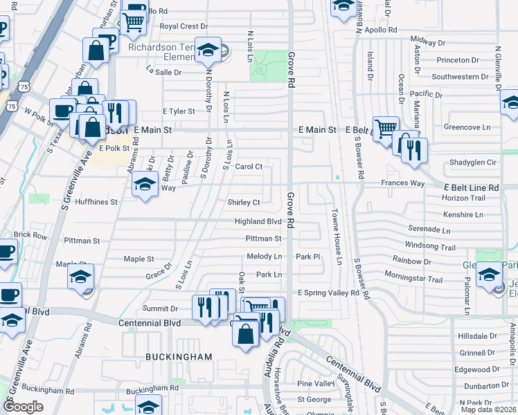 map of restaurants, bars, coffee shops, grocery stores, and more near 534 Shirley Court in Richardson