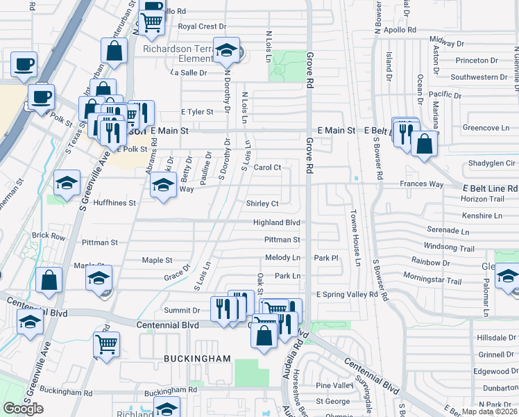 map of restaurants, bars, coffee shops, grocery stores, and more near 522 Shirley Court in Richardson