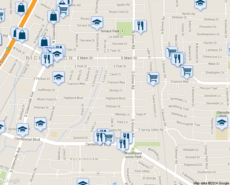 map of restaurants, bars, coffee shops, grocery stores, and more near 528 Shirley Court in Richardson
