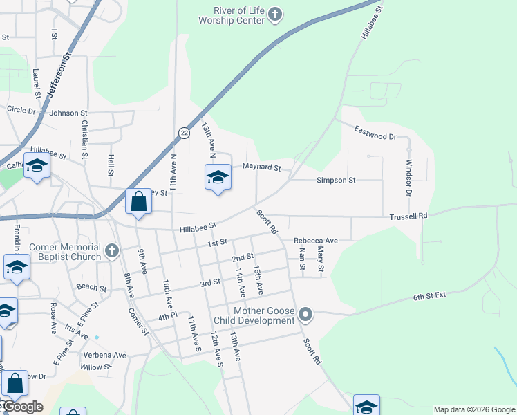 map of restaurants, bars, coffee shops, grocery stores, and more near 1512-1558 Hillabee Street in Alexander City