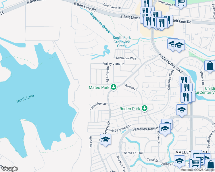 map of restaurants, bars, coffee shops, grocery stores, and more near 1220 Sandy Shore Road in Irving