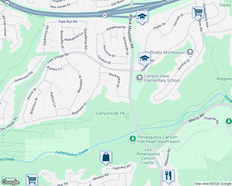map of restaurants, bars, coffee shops, grocery stores, and more near 9173 Buckwheat Street in San Diego