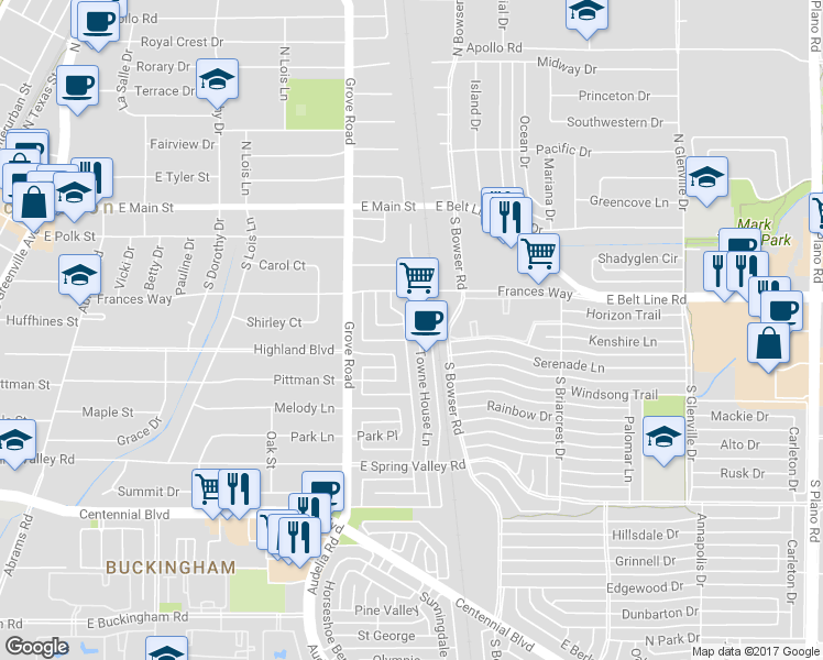 map of restaurants, bars, coffee shops, grocery stores, and more near 316 Towne House Lane in Richardson