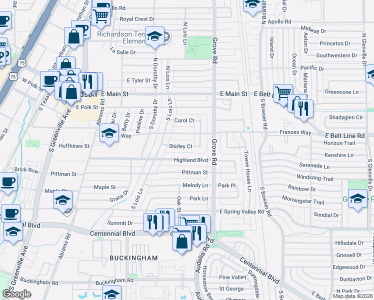 map of restaurants, bars, coffee shops, grocery stores, and more near 534 Shirley Court in Richardson