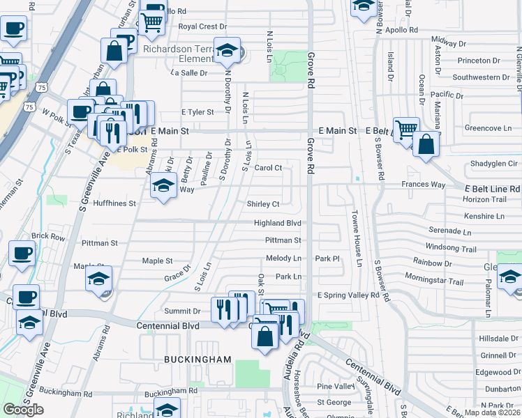 map of restaurants, bars, coffee shops, grocery stores, and more near 522 Shirley Court in Richardson