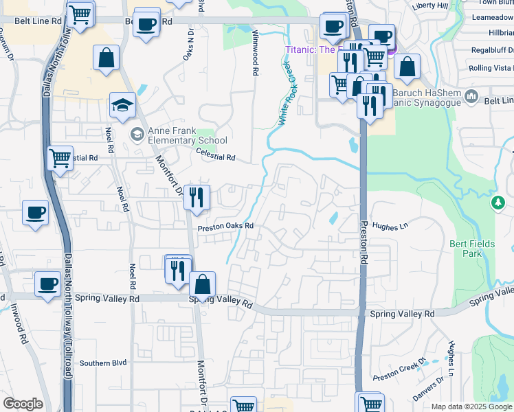 map of restaurants, bars, coffee shops, grocery stores, and more near 5619 Cedar Canyon Road in Dallas