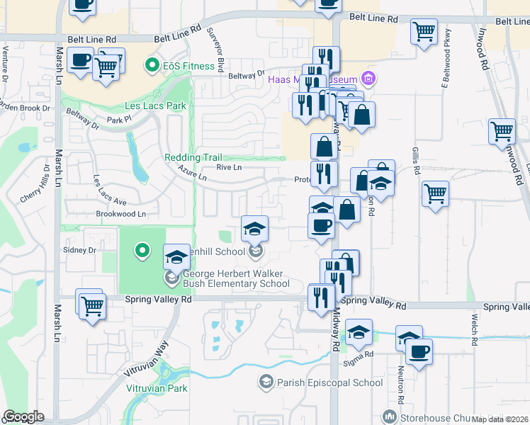 map of restaurants, bars, coffee shops, grocery stores, and more near 4108 Oberlin Way in Addison