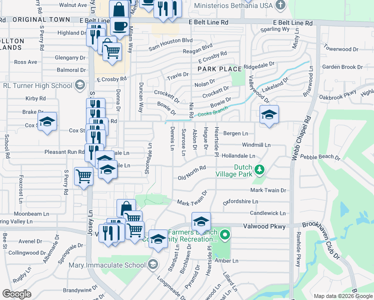 map of restaurants, bars, coffee shops, grocery stores, and more near 14434 Sunrose Lane in Farmers Branch